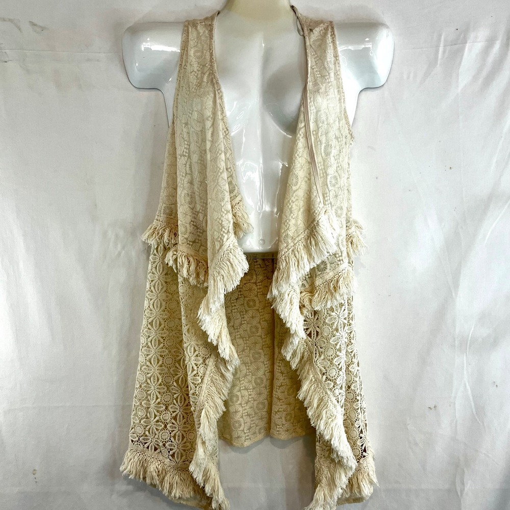 Miss Me Cream Floral Lace Fringe Draped Open Front Boho Vest Medium